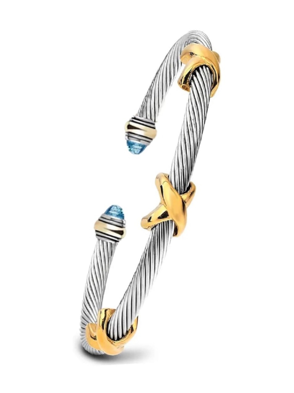 Silver and Gold Cable Cuff Bracelet with Blue Gem Accents